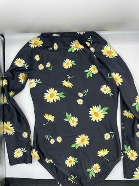 Old Navy Black Floral Long-Sleeve Bodysuit with Yellow Daisies